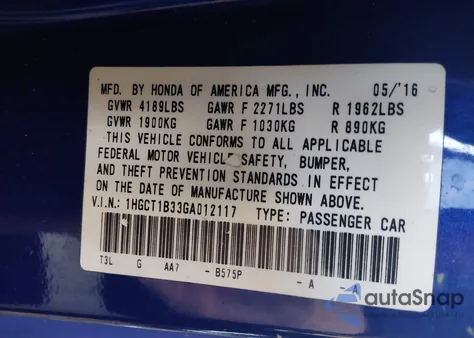 2016 Honda Accord Lx-S from USA, damaged, VIN 1HGCT1B33GA012117
